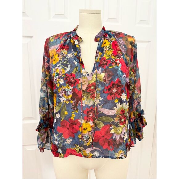 Alice + Olivia Tops - Alice + Olivia Floral Blossom Riviera Julius Long Sleeve Ruffle Tie Neck Blouse